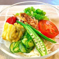 夏野菜と揖保の糸のアレンジそうめん|しえりママさん
