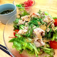 冷しゃぶサラダ、爆弾小鉢、もずくスープ| もやぴさん