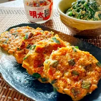 ニラの明太はんぺんバーグ＆春菊の明太白和え