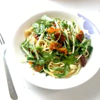 自家製セミドライトマトと水菜のペペロンチーノ|烏賊シャトルさん