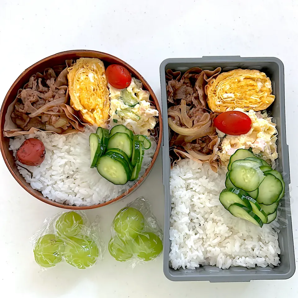 牛丼風
ポテトサラダ
卵焼き
きゅうりの漬物
ミニトマト
のり弁(かつお梅)
シャインマスカット|ayumomさん