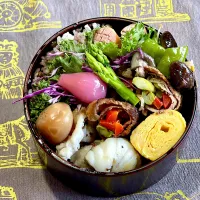 アスパラとパプリカの牛肉巻き、あんこう、卵焼き| めみさん