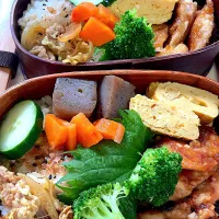 娘とわたしの2個弁当＊鶏むねの甘辛麹焼きとカレー炒め入り|リラさん