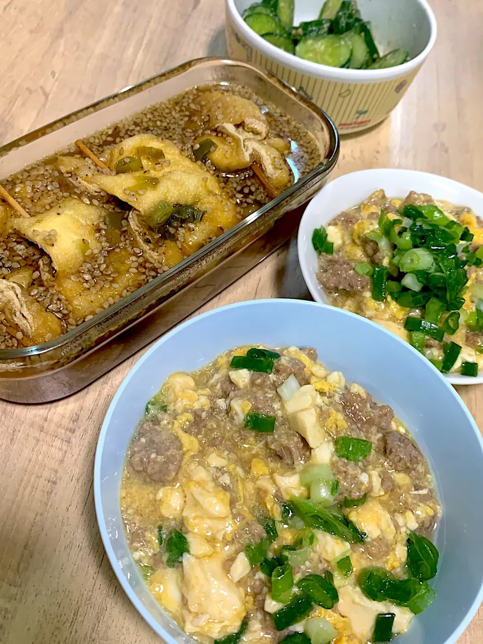 豆腐そぼろ&餅巾着いなり|おにくにくさん