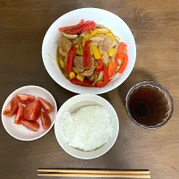 屋内で冷房をガンガン効かせて、鶏肉と赤・黄パプリカのオイスターソース炒めをいただきます。今月の電気代すごいだろうなあ💦|なびさん