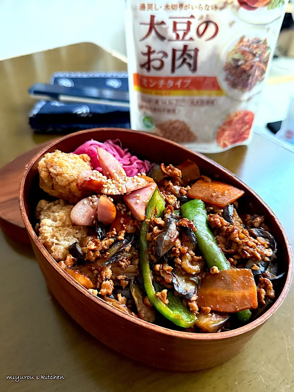 『備蓄品でいざ飯！チャレンジ』大豆のお肉で麻婆茄子弁当🍱|由美さん
