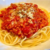 昨日の麺好きランチは備蓄用の味見兼ね               「大豆のお肉のミートスパ」| mottoさん