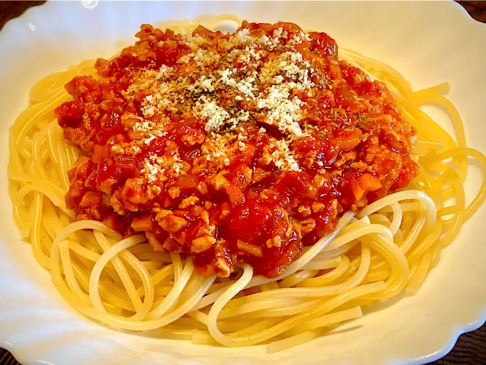 昨日の麺好きランチは備蓄用の味見兼ね               「大豆のお肉のミートスパ」|mottoさん