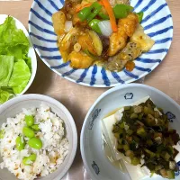 付け合わせ、豆腐のだしかけ、昆布と枝豆の混ぜご飯| もーやんさん