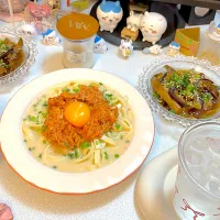 ツナキムチ豆乳うどん＆茄子の南蛮漬け|めいさん