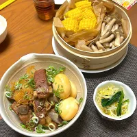 スペアリブと大根の煮物、セイロ蒸し野菜、豆もやしとそうめんカボチャのかんたん酢漬け|柚子きりかさん