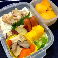 ほっけほぐし、たまご焼き、ウインナー、高野豆腐煮、ふかし芋、はぐら瓜の浅漬け、スイカ|きらきらさん
