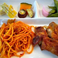 ワンプレート　鶏肉の照焼とナポリタン|パパ手料理さん