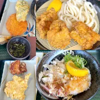 骨付鳥味かしわ天ざる　3種薬味豚しゃぶ　コロッケ、なす天、唐揚げ、とり天|るみおんさん