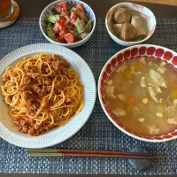 ミートソースパスタ・オクラとトマトのさっぱりあえ・コーンとカボチャのコンソメスープ・里芋の煮物|a-parkさん
