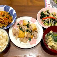豚肉と厚揚げニラの中華炒め　もやしとニラのかき玉スープ　カニかまときゅうりの酢の物　切り干し大根の煮物|おさむん17さん