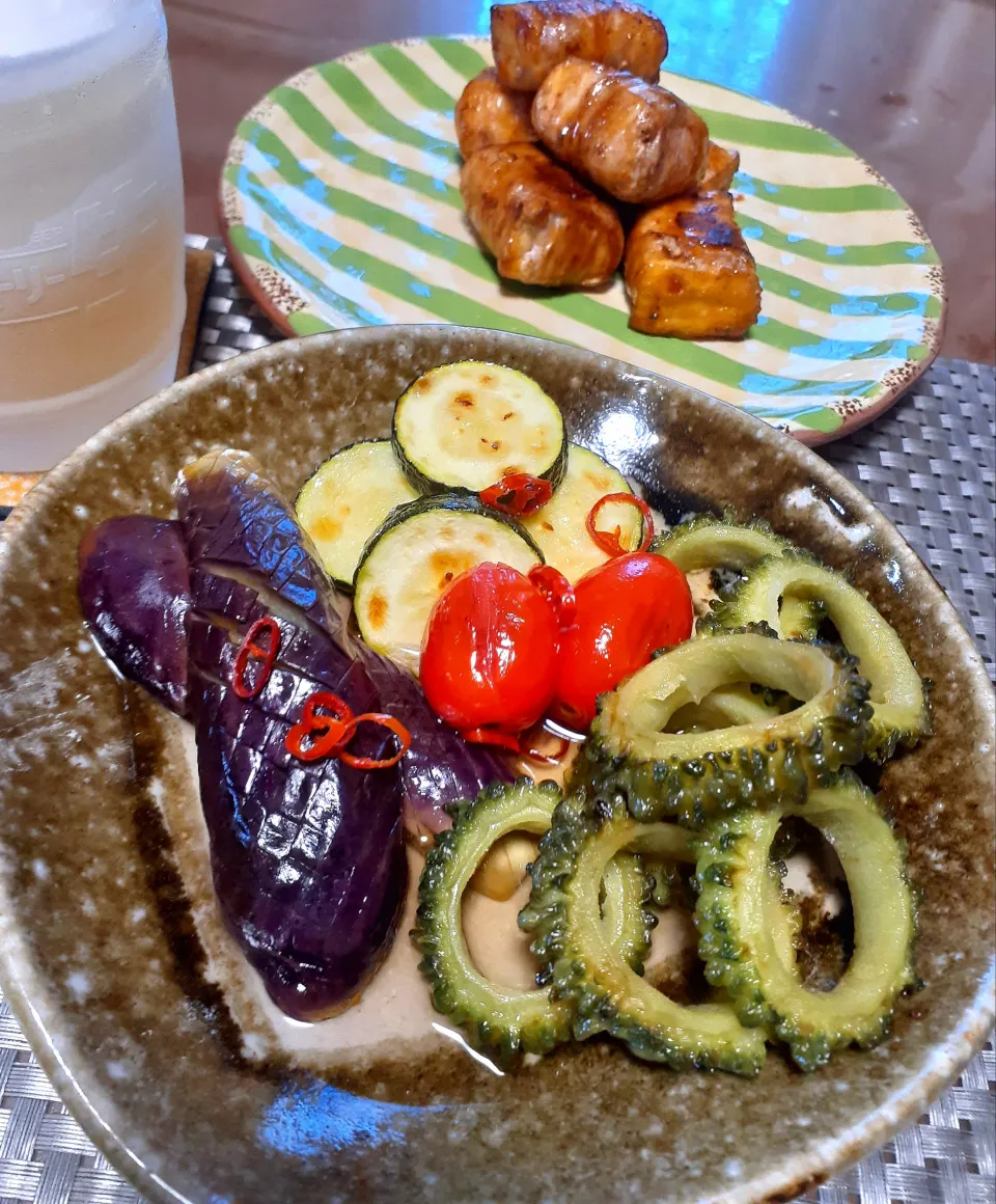 夏野菜焼き浸し～✴️　　　　　　　　　　　　　　　　　　　　　　　　厚揚げ肉巻き|びせんさん
