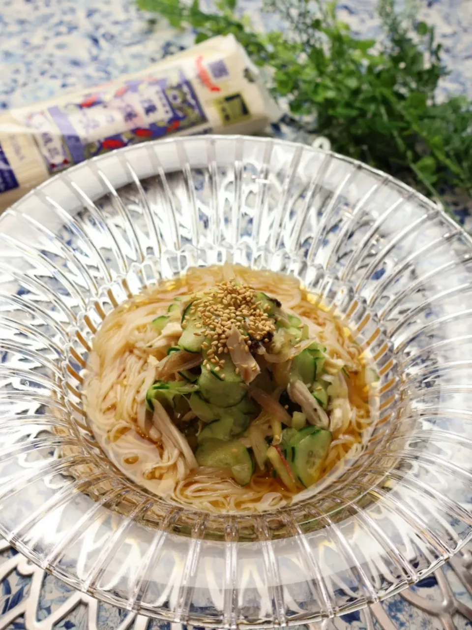 みょうがの醤油漬けとささみの梅和えそうめん|めいめいさん