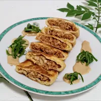 【激ウマ第3弾！🎯】パリッとサクサク！大豆のお肉と葱の包み揚げ&濃厚豆乳味噌ソース添え🍻