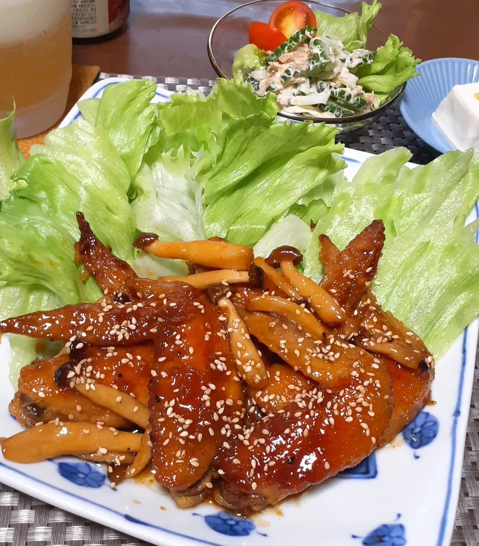 手羽先甘辛煮～✴️　　　　　　　　　　　　　　　　　　　　　　　　　ゴーヤサラダ|びせんさん