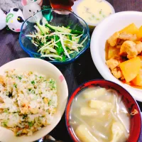 鯖と梅の混ぜご飯、もやしとオクラの味噌汁、鶏と大根のサッパリ煮、キュウリと大根の皮の塩昆布和え、茶碗蒸し| サトリさん