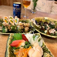 いんげんとにんじんの豚肉巻き　エノキの豚肉巻き　ナスと豚肉と大葉のポン酢和え　貝の刺身|izunさん