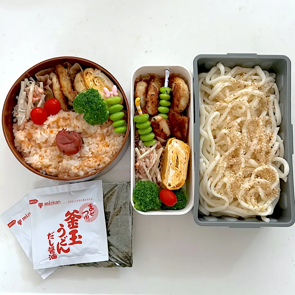 カツレツ
ごぼうサラダ
卵焼き
ブロッコリー
枝豆
ミニトマト
鮭ご飯(かつお梅)
うどん(だし醤油だれ＆海苔)|ayumomさん