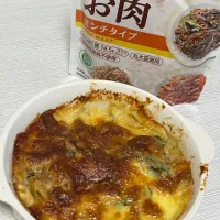 大豆のお肉でほうれん草と玉ねぎとペンネのチーズグラタン|にょるりさん
