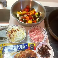 豚バラスライス、赤パプリカ、黄パプリカ、ズッキーニ、なす、にんじん、ミニトマト、デーツ、玉ねぎ、にんにく、生姜、赤唐辛子、塩、胡椒、ハウスバーモントカレー、醤油、中濃ソース、トマトジュース、ガラムマサラで
|なびさん