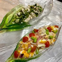 ササミサラダ🥗レッドオニオンゆで卵枝豆ミニトマト🍅オクラめかぶモロヘイヤきゅうり🥒|henryさん