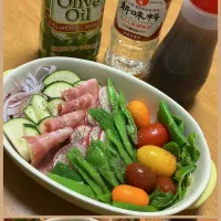 ブラックペッパーが決めての酒の肴になる夏野菜サラダ 自家製ドレッシング【日の出新味料】【日清 さらっと軽～いオリーブオイル】|🐈⸒⸒⸒⸒つるのダンス🐈🐾さん