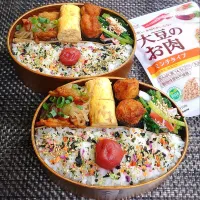 母とムスコのラブラブおソロ♪備蓄品でいざ飯！大豆のお肉入りだし巻き玉子弁当|からあげビールさん