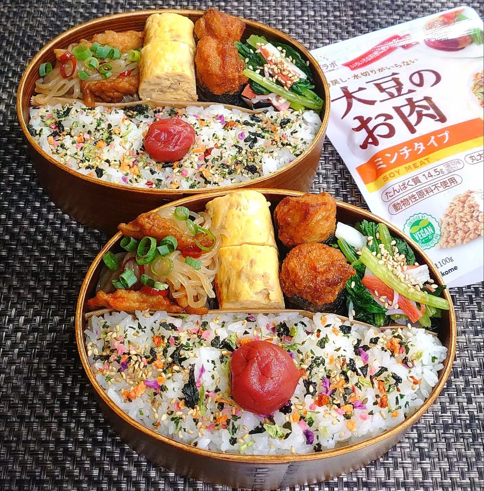 母とムスコのラブラブおソロ♪備蓄品でいざ飯！大豆のお肉入りだし巻き玉子弁当|からあげビールさん