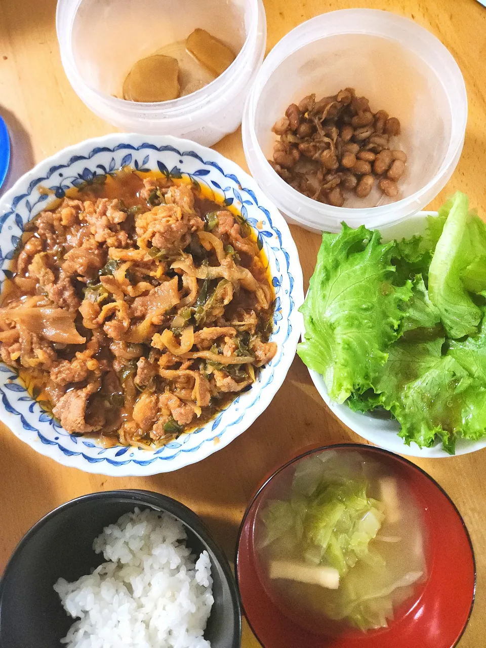 プルコギ、レタスサラダ、ごぼうと大豆の甘辛あえ、キャベツと油揚げの味噌汁、きくいもの漬物|さきさん
