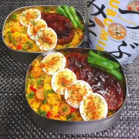 母とムスコのラブラブおソロ♪備蓄品でいざ飯！カレーピラフ＆ハンバーグ弁当