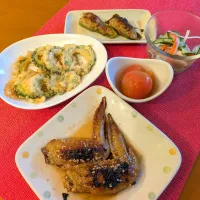☆手羽先甘辛焼き　☆ゴーヤ天ぷら　☆ピーマン肉詰め　☆トマトコンポート　☆酢の物|chikakoさん