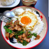 Stir-fried Thai Holy Basil w/ Pork Neck Topped w/ Crispy Fried Egg aka 'Pad Gaprao San Kor Moo & Kai Dao' 🐷🍚🍳🌶🌶🤤 |An'leeさん