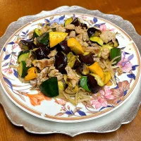 茄子🍆ズッキーニ🥒豚バラつぶみそソテー
