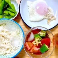 お昼ご飯　素麺と目玉焼きなど|ふわふわさん
