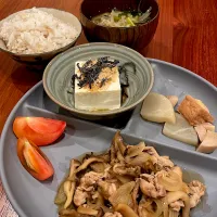 豚肉の生姜焼き　冷奴　煮物　味噌汁|とゆあさん