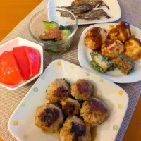 ☆ゴーヤ肉詰め　☆たこ焼き＆竹輪天　☆焼きシシャモみりん　☆たたきキュウリ梅肉あえ　☆冷しトマト|chikakoさん