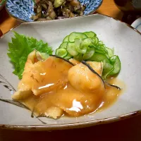 塩揉みキュウリとオバイケのヌタ風 生イワシクジラオバイケを冷凍していた物を使用 酢味噌は農家の友達が作る麦味噌で作った自家製酢味噌 【日の出新味料】使用|🐈⸒⸒⸒⸒つるのダンス🐈🐾さん