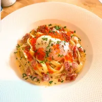 Fettuccine Carbonara Topped w/ Onsen Egg & Ikura 🍝🤤🇮🇹🇯🇵