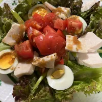 夏のサラダ❣️アスパラガス、ゆで卵、サニーレタス、サラダ胸肉、トマト、じゃがいも。さっぱりと美味しい玉ねぎドレッシングで召し上がれ❣️|tamemitiさん