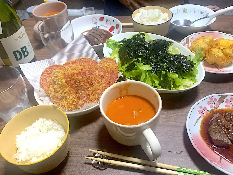 ハムカツ、ササミの大葉チーズ揚げ、チョレギサラダ、和牛ステーキ、あさりのトマトクリームスープ|misaruriさん
