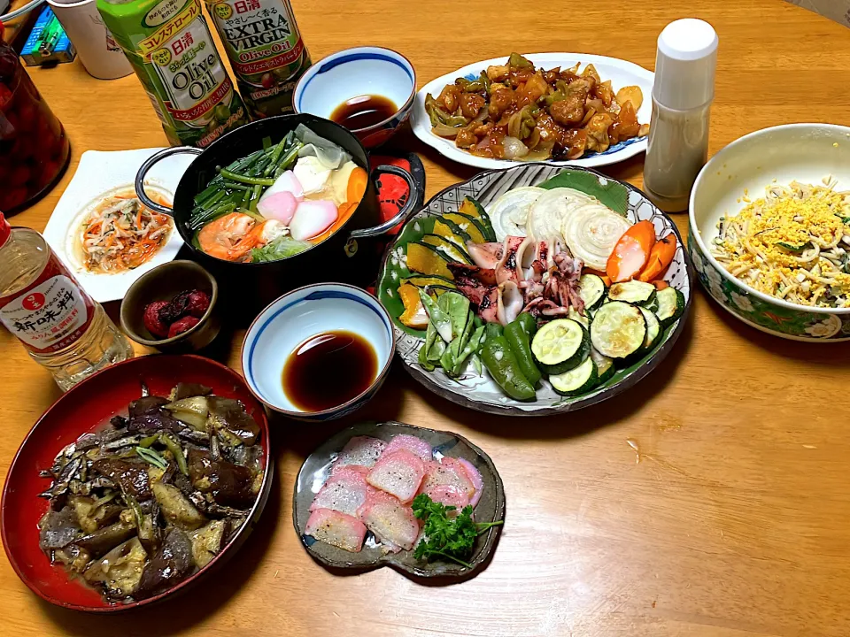 昨日の残り物(酢豚)(スパゲティサラダ)(大根人参の紅白生酢)に三品➕しただけの晩酌＆晩御飯 日の出料理酒 日の出新味料 日清さらっと軽〰️いオリーブオイル|🐈⸒⸒⸒⸒つるのダンス🐈🐾さん