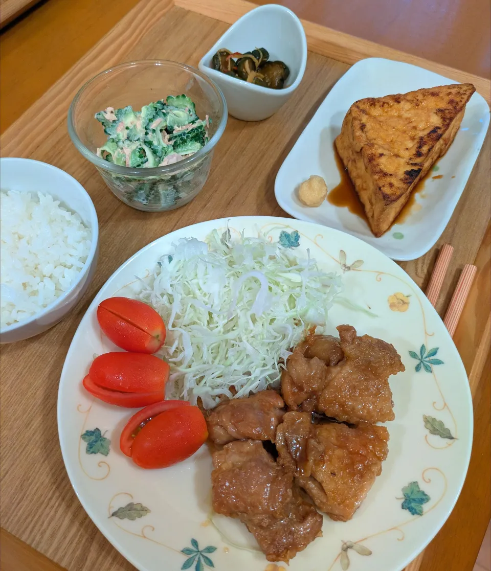 ☆鶏モモ肉照り焼き　☆焼き生厚揚げ　☆ゴーヤツナマヨ　☆きゅうちゃん漬|chikakoさん