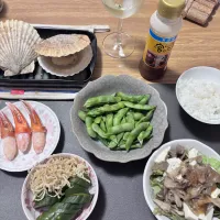 2025/07/21 優待生活♪ ホタテ&ズワイ蟹爪、山形ぼんちゃ豆、舞茸冷奴サラダ(宮のタレ)、 切干大根(無印ぬか漬け)|kykyさん