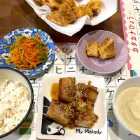 厚揚げの肉巻き　切り干し大根のポタージュ　高野豆腐の唐揚げ　人参とピーマンのナムル|おさむん17さん
