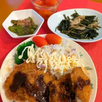 ☆ヒレカツ　☆空芯菜炒め　☆ピーマン揚げびたし　☆トマトコンポート|chikakoさん